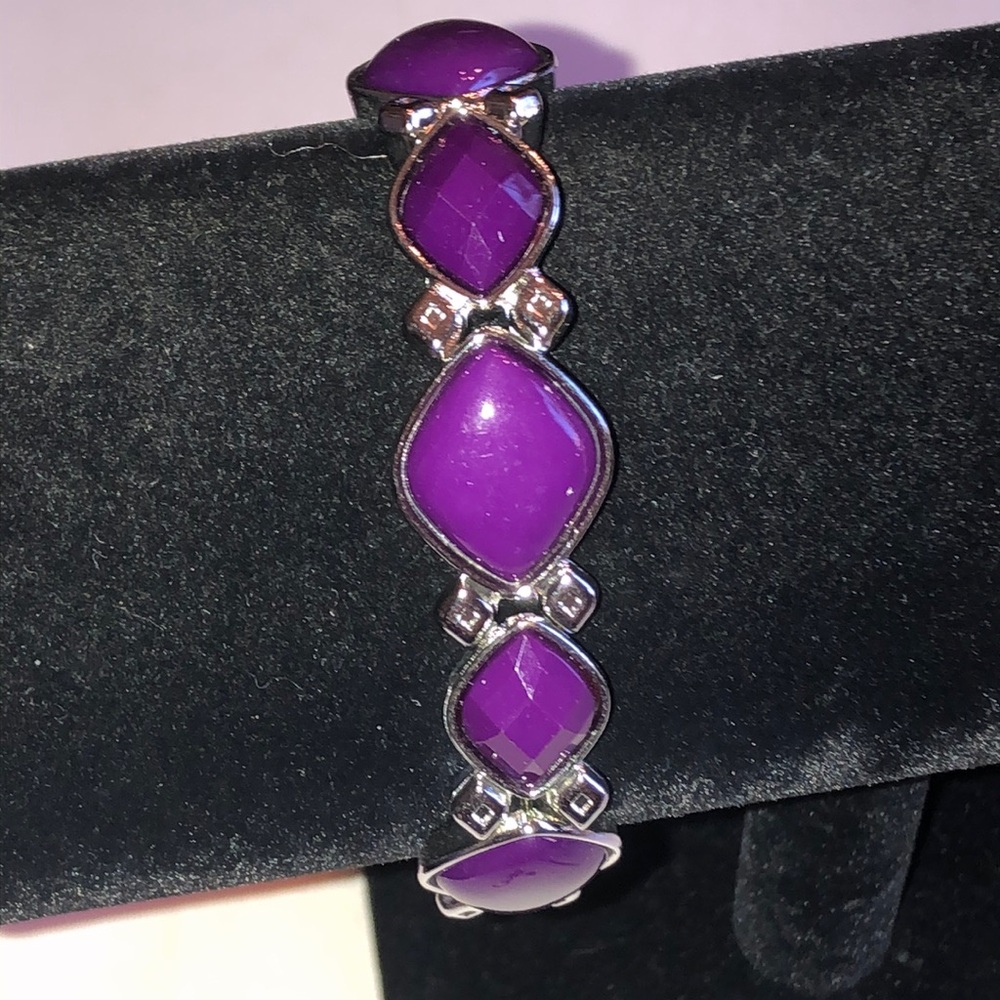 Purple Faux Stone Silver Tone Boho Stretch Bracelet
